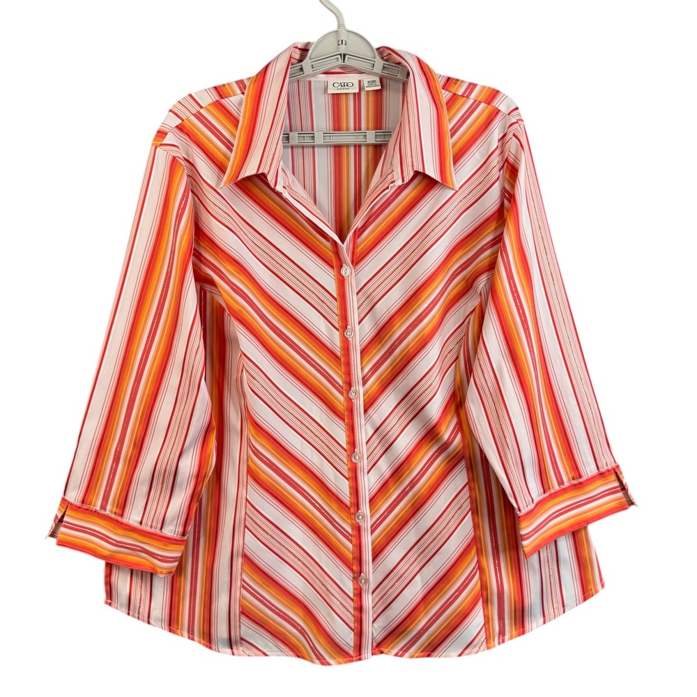 Cato Woman Striped Button Down Shirt Orange Red Metallic Shimmer Plus 18/20W